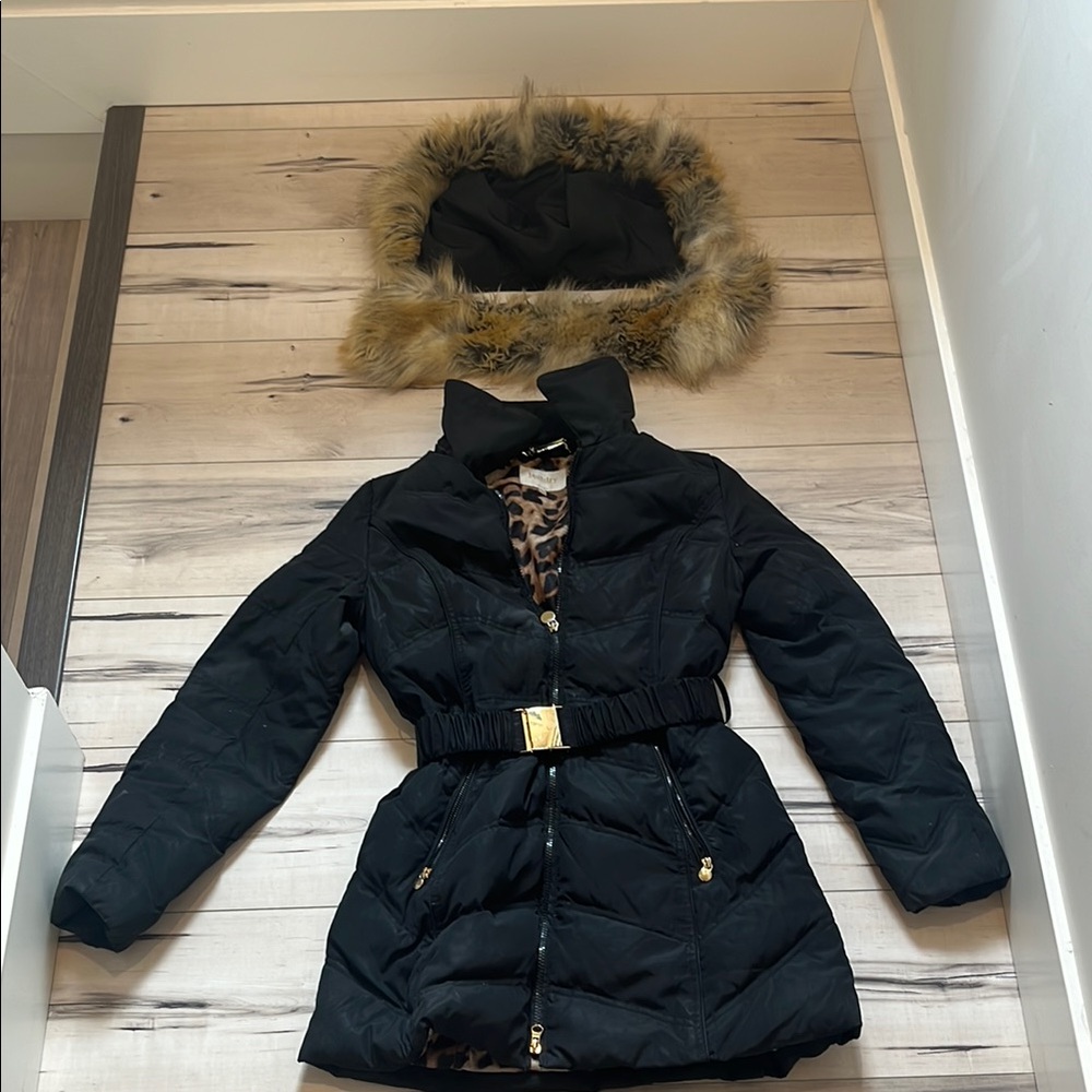 Black Quilted Coat with Faux Fur Hood